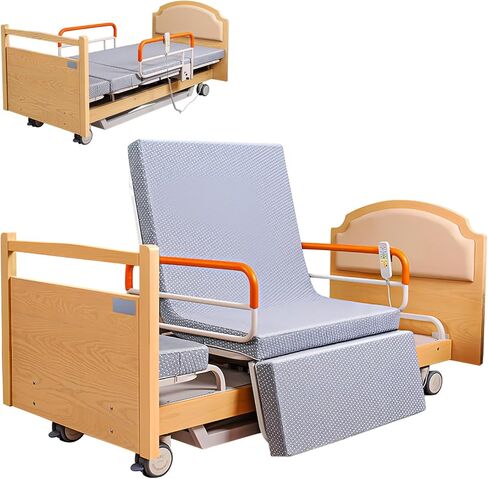 4 Function Home Hospital Bed, Fully Electric 90° Swivel Chair Bed, Wooden Swivel Medical Bed, Adjustable Head and Foot Tilt Angles, Suitable for Home Care,Flipped Over in Saudi Arabia