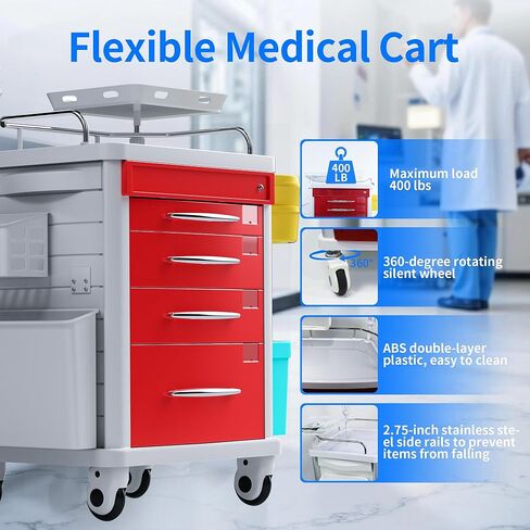 Medical Rolling Crash Cart, Mobile Medical Cart for Clinic, Hospital, Nursing Center with Integrated Medical Countertop -2 Trash Bin, Power Strip, Drawers with Dividers in Saudi Arabia