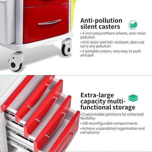 Medical Rolling Crash Cart, Mobile Medical Cart for Clinic, Hospital, Nursing Center with Integrated Medical Countertop -2 Trash Bin, Power Strip, Drawers with Dividers in Saudi Arabia