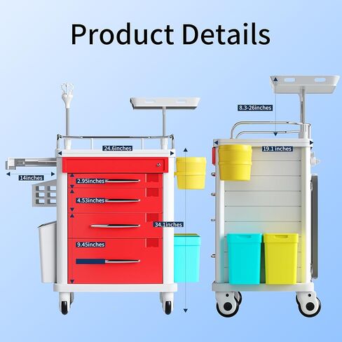 Medical Rolling Crash Cart, Mobile Medical Cart for Clinic, Hospital, Nursing Center with Integrated Medical Countertop -2 Trash Bin, Power Strip, Drawers with Dividers in Saudi Arabia