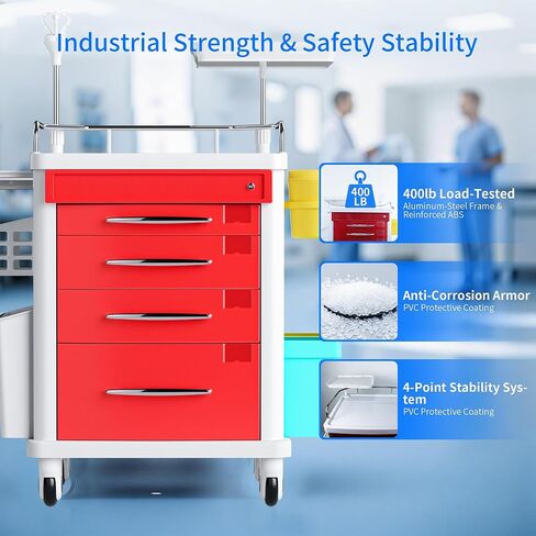 Medical Rolling Crash Cart, Mobile Medical Cart for Clinic, Hospital, Nursing Center with Integrated Medical Countertop -2 Trash Bin, Power Strip, Drawers with Dividers in Saudi Arabia