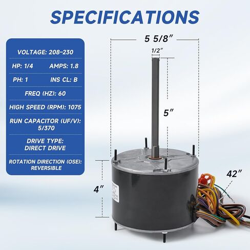 10728 محرك مروحة المكثف يستبدل Mars 10733، Genteq 3728، A.O. سميث FSE1026S، فاسكو D909/ D749، محرك أمريكي 1860، W51-14CJA1-02 إلخ، دوران عكسي 1/4 حصان 208-230 فولت 1.8 أمبير 1075 دورة في الدقيقة 1 سرعة in Kuwait
