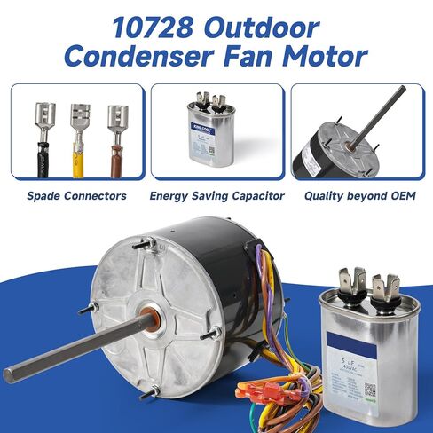 10728 محرك مروحة المكثف يستبدل Mars 10733، Genteq 3728، A.O. سميث FSE1026S، فاسكو D909/ D749، محرك أمريكي 1860، W51-14CJA1-02 إلخ، دوران عكسي 1/4 حصان 208-230 فولت 1.8 أمبير 1075 دورة في الدقيقة 1 سرعة in Kuwait