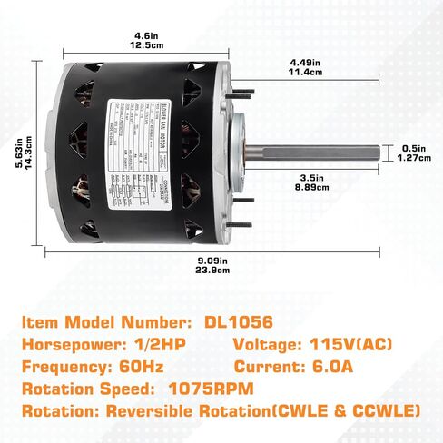 محرك منفاخ DL1056 1/2 حصان 1075 دورة في الدقيقة 3 سرعات 115 فولت 8 أمبير 48 إطار كم محمل، متوافق مع A.O.Smith DL1056 GE 3587 Fasco D701 Emerson Century Dayton (يتضمن مكثف) in Kuwait
