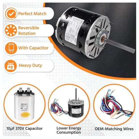 محرك منفاخ DL1056 1/2 حصان 1075 دورة في الدقيقة 3 سرعات 115 فولت 8 أمبير 48 إطار كم محمل، متوافق مع A.O.Smith DL1056 GE 3587 Fasco D701 Emerson Century Dayton (يتضمن مكثف) in Kuwait
