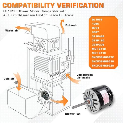 محرك منفاخ DL1056 1/2 حصان 1075 دورة في الدقيقة 3 سرعات 115 فولت 8 أمبير 48 إطار كم محمل، متوافق مع A.O.Smith DL1056 GE 3587 Fasco D701 Emerson Century Dayton (يتضمن مكثف) in Kuwait