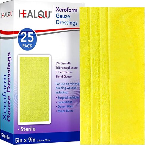HEALQU Xeroform Petrolatum Dressing 5x9 - صندوق مكون من 25 وسادة شاش غير ملتصقة للجروح منخفضة الإفراز - رقعة شاش شبكية دقيقة معقمة للعناية بالجروح والتمزقات والحروق وترقيع الجلد in Saudi Arabia