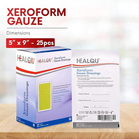 HEALQU Xeroform Petrolatum Dressing 5x9 - صندوق مكون من 25 وسادة شاش غير ملتصقة للجروح منخفضة الإفراز - رقعة شاش شبكية دقيقة معقمة للعناية بالجروح والتمزقات والحروق وترقيع الجلد in Saudi Arabia