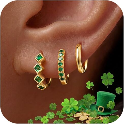 3 Pairs Gold Green Huggie Earrings for Women Stackable, Small Dainty Cartilage Helix Hoops & Hypoallergenic Earring Set, Cute Western Trendy Fashion Jewelry Gifts in Saudi Arabia