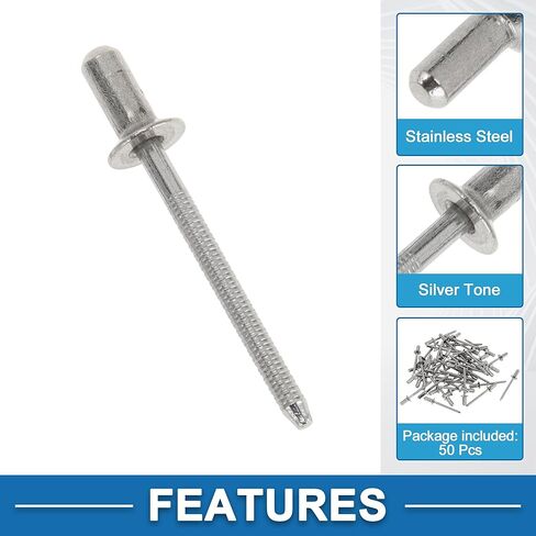 Countersunk Head Closed Sealing Rivets 4mm Grip Diameter 10mm Grip Length 8mm Flange Diameter Stainless Steel Silver Tone 50 Pcs in Kuwait