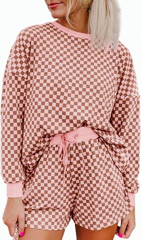 Tankaneo Womens 2 Piece Outfits Oversized Long Sleeve Checkered Plaid Tops Elastic Waist Shorts 2025 Pajama Sets Loungewear in Saudi Arabia