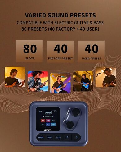 EROK Pocket Sonic - دواسة صغيرة متعددة التأثيرات، 60+ تأثيرات مدمجة، 20 أمبير للنمذجة مع استنساخ النغمات، 20 خزانة IR، تسجيل OTG، قابلة لإعادة الشحن مع تصميم مشبك in Kuwait