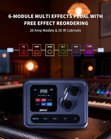 EROK Pocket Sonic - دواسة صغيرة متعددة التأثيرات، 60+ تأثيرات مدمجة، 20 أمبير للنمذجة مع استنساخ النغمات، 20 خزانة IR، تسجيل OTG، قابلة لإعادة الشحن مع تصميم مشبك in Kuwait