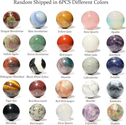 Mix 6PCS Gemstone Spheres, 1.2 Inch Crystal Balls, Healing Crystal Mini Sphere, Polished Hand Carved Sphere Sculpture Figurine for Home Decor(Random Color in Saudi Arabia