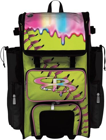 Boombah Rolling Superpack Baseball/Softball Gear Bag - Telescopic Handle - Holds 4 Bats - Wheeled Version - Softball Homerun Drip Optic Yellow/Black/Pink in Saudi Arabia