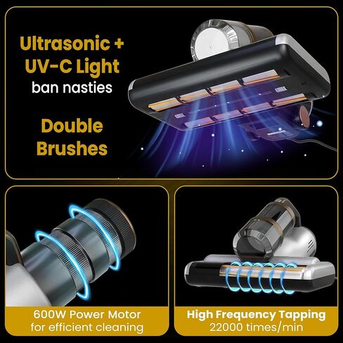 Mattress Vacuum BED CLEANER with UV-C LIGHT, 14kPa Suction, DUAL FILTERS & Dual Rollers, Furniture Handheld Vacuum Cleaner Dust Sensor, CORDED HANDHELD VACUUM for SOFA, Fabric & PET HAIR in Saudi Arabia