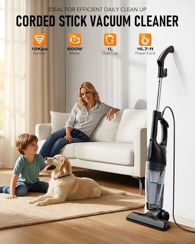 Avvnee Corded Stick Vacuum Cleaner, 15000Pa Powerful Suction, Lightweight 3 lbs for Pet Hair & Hard Floors, Long 16.7ft Cord, 1L Dust Cup & Crevice Tool Included, Black in Saudi Arabia