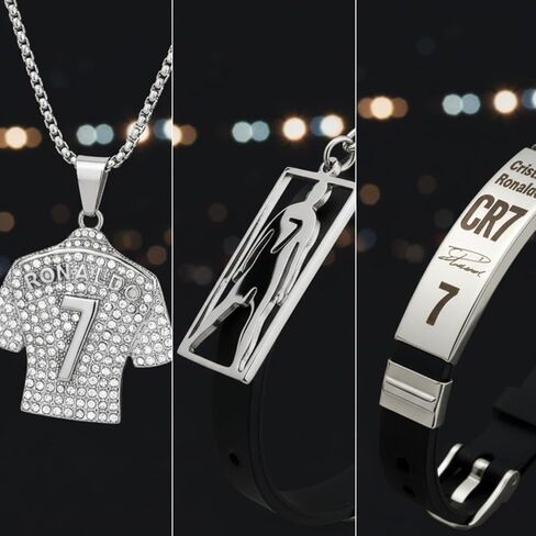 3PCS Soccer Bracelet Silver Plated Number7 Pendant Necklace Silicone Sports Wristband Signature Lock Bracelet Football Gifts for Men Fans in Kuwait