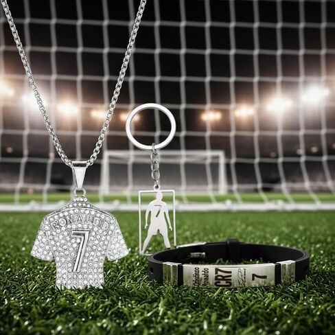 3PCS Soccer Bracelet Silver Plated Number7 Pendant Necklace Silicone Sports Wristband Signature Lock Bracelet Football Gifts for Men Fans in Kuwait
