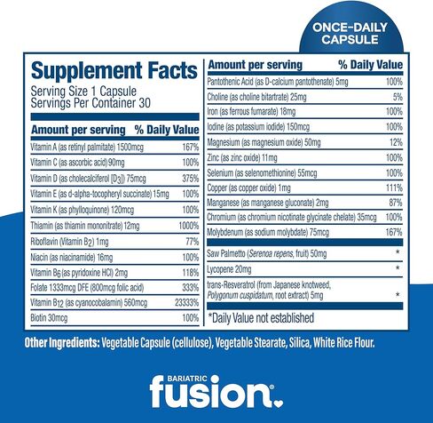 Bariatric Fusion One Per Day Bariatric Multivitamin with Iron for Men | with Prostate and Heart Support Vitamins* | Gastric Bypass and Sleeve Gastrectomy | 30 Capsules | 1 Month Supply in Kuwait