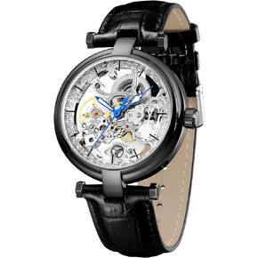 Carlien Skeleton Automatic Steampunk Watches Gold-Tone Luminous Hands Leather Strap Wrist-Watch