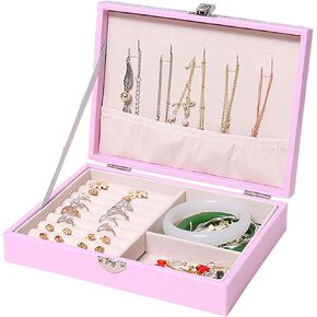 YIKANGHENG Jewelry Box, 8 Inch x 5.9 Inch x 2 Inch PU Leather Adjustable Organizer Divider Box for Ring, Earrings, Necklaces Storage (Pink)