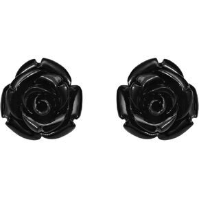 AeraVida Trendy and Stunning Goth Inspired Black Rose Carved Resin on .925 Sterling Silver Studs Floral Earrings