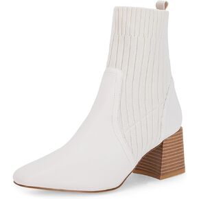 Coutgo Women's Chunky Heel Ankle Boots Square Toe Slip On Sock Booties Elastic Chelsea Boot