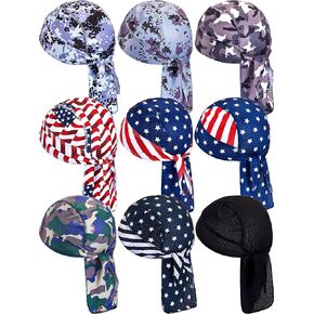 9 Pieces Doo Rag Skull Cap for Men Women, Sweat Wicking Doo Rag Cooling Dew Rag Sweat Wicking Beanie Cap Skull Cap Pirate Hats