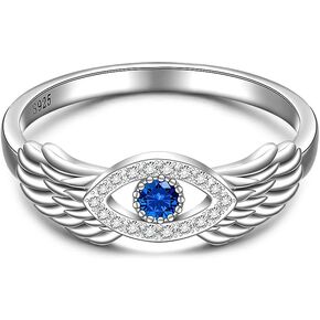 Sterling Silver Evil Eye Ring Feather Angel Wing Evil Eye Rings for Women Protection Greek Blue Turkish Nazar Jewelry
