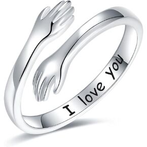 STROLLGIRL 925 silver I love you engraved hug ring sterling silver adjustable hugging hand ring for mother daughter sister