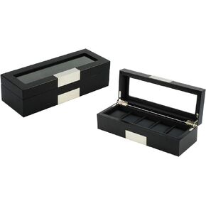 20 Black Ebony Wood Watch Extra Height Box Display Case 2 Level Storage Jewelry Organizer with Glass Top, Stainless Steel Accents, and 2 Drawers