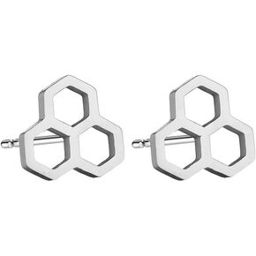 RUIZHEN Simple Hexagon Honeycomb Earrings Bee Hive Stud Earrings for Girls