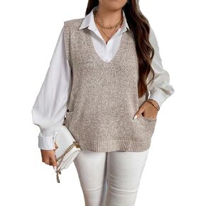 MakeMeChic Women's Plus Size Oversized Sweater Vest V Neck Sleeveless Pullover Tank Top with Pocket