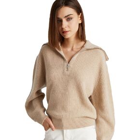 GreenMount Women's Zipper Cashmere Lapel Pullover Sweater Soft and Warm Long Sleeves for Women