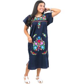 Leos Imports Traditional Mexican Tehuacan Embroidered Women's Summer Floral Dress for Fiestas, Casual, Cultural & Weddings