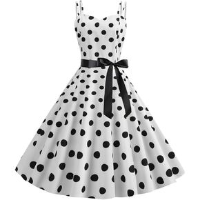 Women Vintage Spaghetti Strap Polka Dot Dress Retro 1950s A-line Swing Cocktail Party Summer Dress with Belt