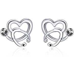 AOBOCO Nurse Earrings 925 Sterling Silver Stethoscope Studs Earrings Simulated 12 Months Birthstone Crystal from Austria, Graduation Jewelry Gifts for Nurse Doctor RN Medical Student