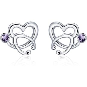 AOBOCO Nurse Earrings 925 Sterling Silver Stethoscope Studs Earrings Simulated 12 Months Birthstone Crystal from Austria, Graduation Jewelry Gifts for Nurse Doctor RN Medical Student