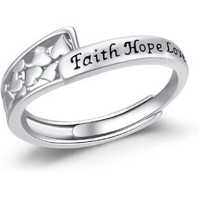 Faith Hope Love Rings Sterling Silver Adjustable Faith Heart Ring Faith Hope Love Jewelry Jesus Christian Gifts for Women Girls Halloween Christmas
