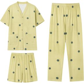 Womens Three-piece Pajamas Set Modal Cotton Short Sleeved Shirt Pajamas and Long Pants with Shorts Sleepwear Set