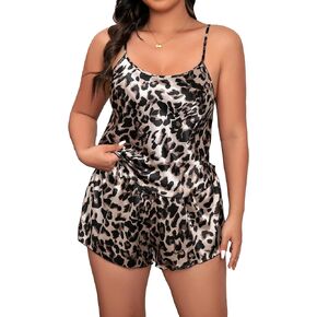 WDIRARA Women's Plus Size Sleepwear Leopard Print Satin Pajama Set Cami Top and Silk Shorts Set