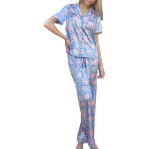 Charlotte Garden Pathways Floral Blue Button Up Satin Women's Pajama Set, X-Large in Saudi Arabia