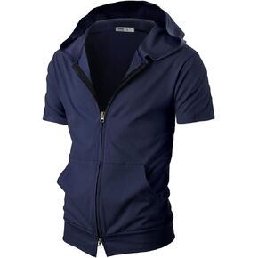 Ohoo Mens Comfortable Zip Up Hoodie Short Sleeve Lightweight Thin 100% Cotton Double Slide Zipper Jacket