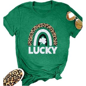 Women Lucky Rainbow Shamrock Shirt St. Patrick's Day T Shirt Leopard Rainbow Graphic Tee Lucky Clover Short Sleeve Shirt
