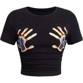 Floerns Women's Graphic Print Short Sleeve Tee Ruched Casual Crop Top Tee Shirt