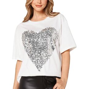 Verdusa Women's Heart Sequin Drop Shoulder Half Sleeve Tee Top Oversized T Shirt