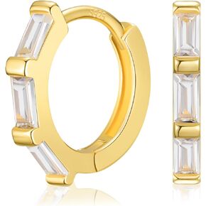 SWEETV 14K Gold Plated Baguette Hoop Earrings Sterling Silver Post Cubic Zirconia Huggie Hoop Earrings for Women Girls