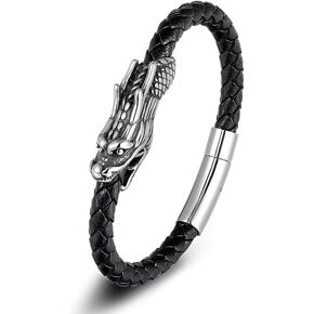 yfstyle Titanium Stainless Steel Dragon Bracelet Retro Leather Braided Dragon Bracelet for Men Women Vintage Mens Dragon Jewelry Size 7.4/8.2/9inches