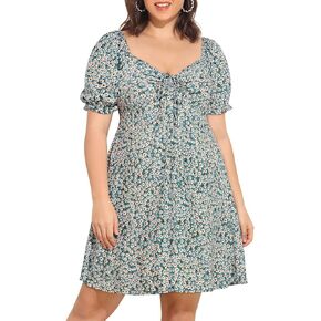 Pinup Fashion Women Plus Size Casual Puff Sleeve Smocked Short Summer Sundress A Line Babydoll Cute Mini Dresses